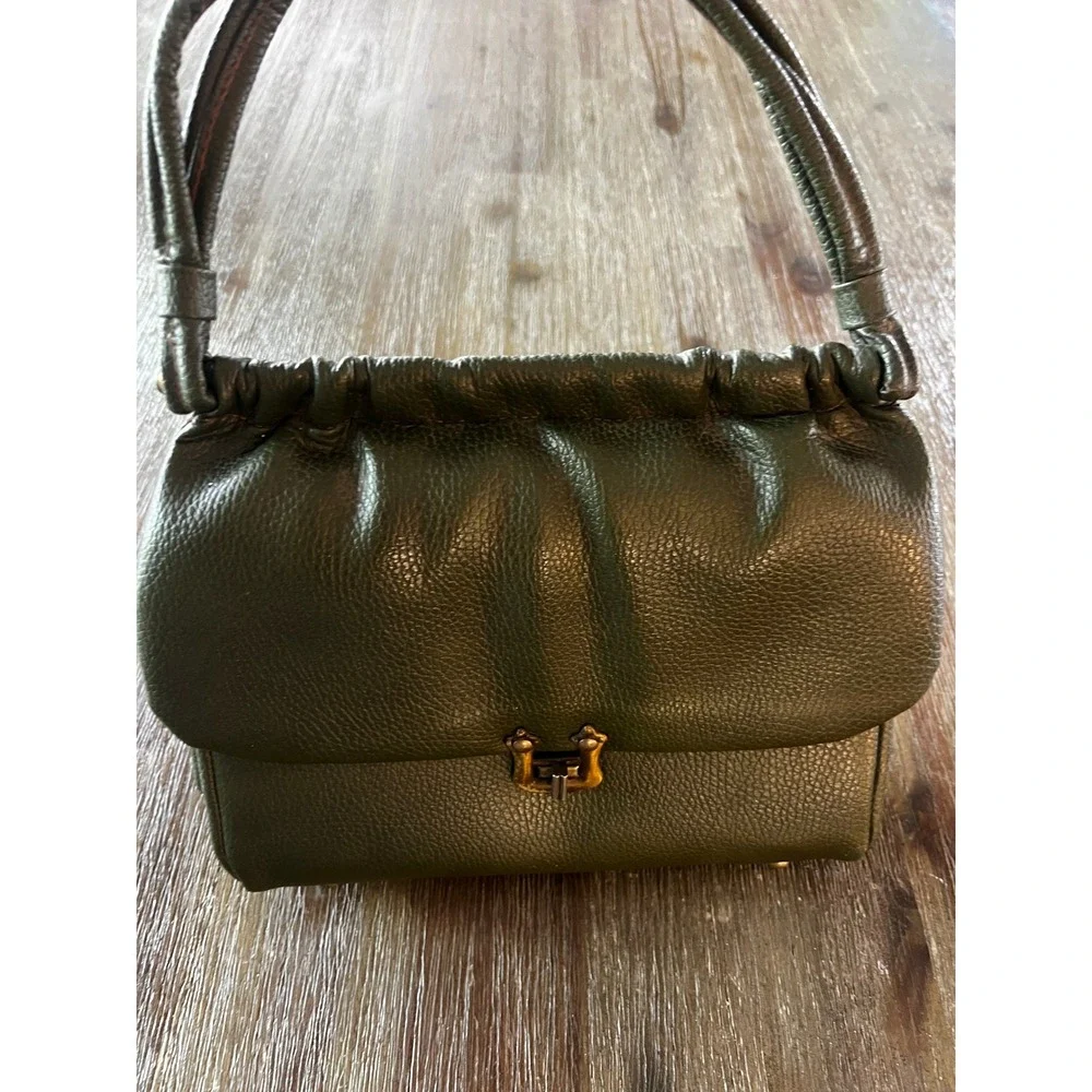 Vintage Pebbled Green Satchel Handbag Brass Turn Lock Top Handle Bag